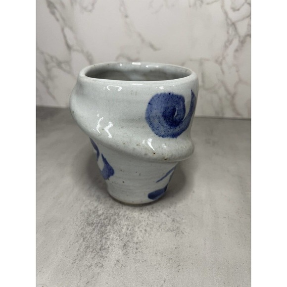 Vintage Blue Grey Salt Glazed Hand Thrown Art Pottery Mug Abstract Signed GR - Picture 2 of 10